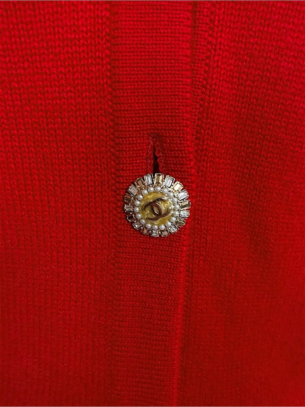 Vintage 90s Chanel Red Cashmere Cardigan Jeweled CC Buttons